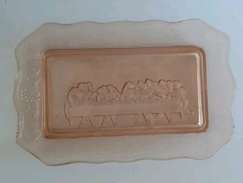 The Last Supper Tiara Indiana Depression Glass Bread Plate Tray Pink 11" x 7"