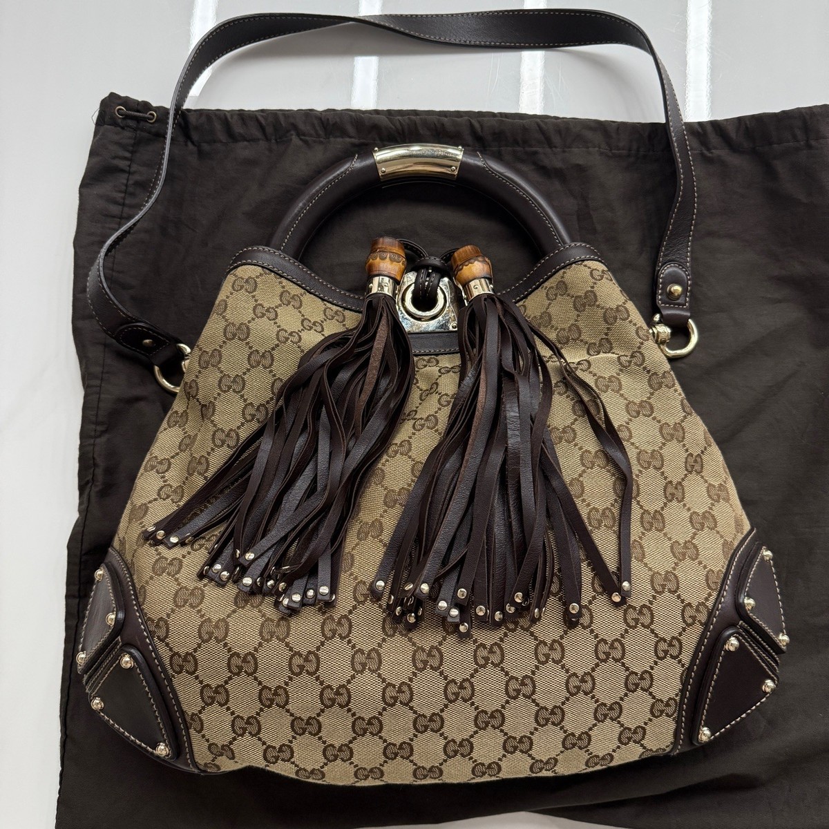 Gucci Vintage GG Canvas Bamboo Handle Tassel Bucket Bag | eBay