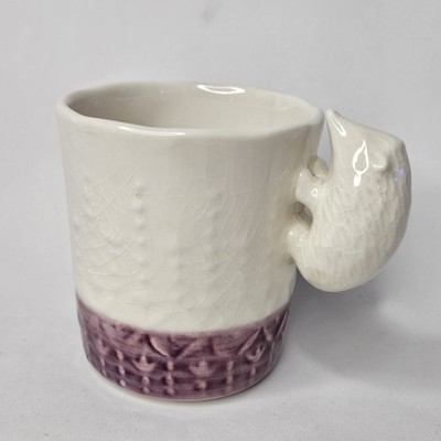 Ceramic Coffee Mug Hedgehog Handle  10oz White & Purple Chic Cute Tea Cup Figure