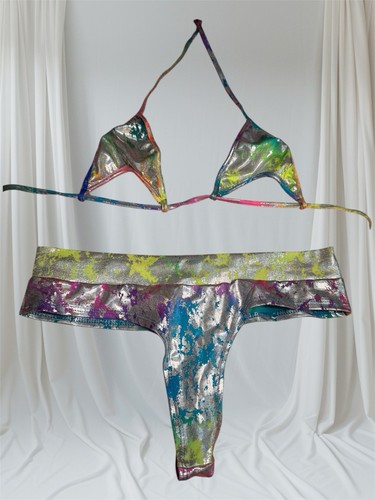 Y2K VTG Roma  Bikini Neon Silver Rainbow SEXY Festival W-26-32” Medium