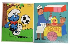 Lot of 2 Vintage PLAYSKOOL Wooden Puzzles Smurf Soccer Star 1982 Ice Cream Man