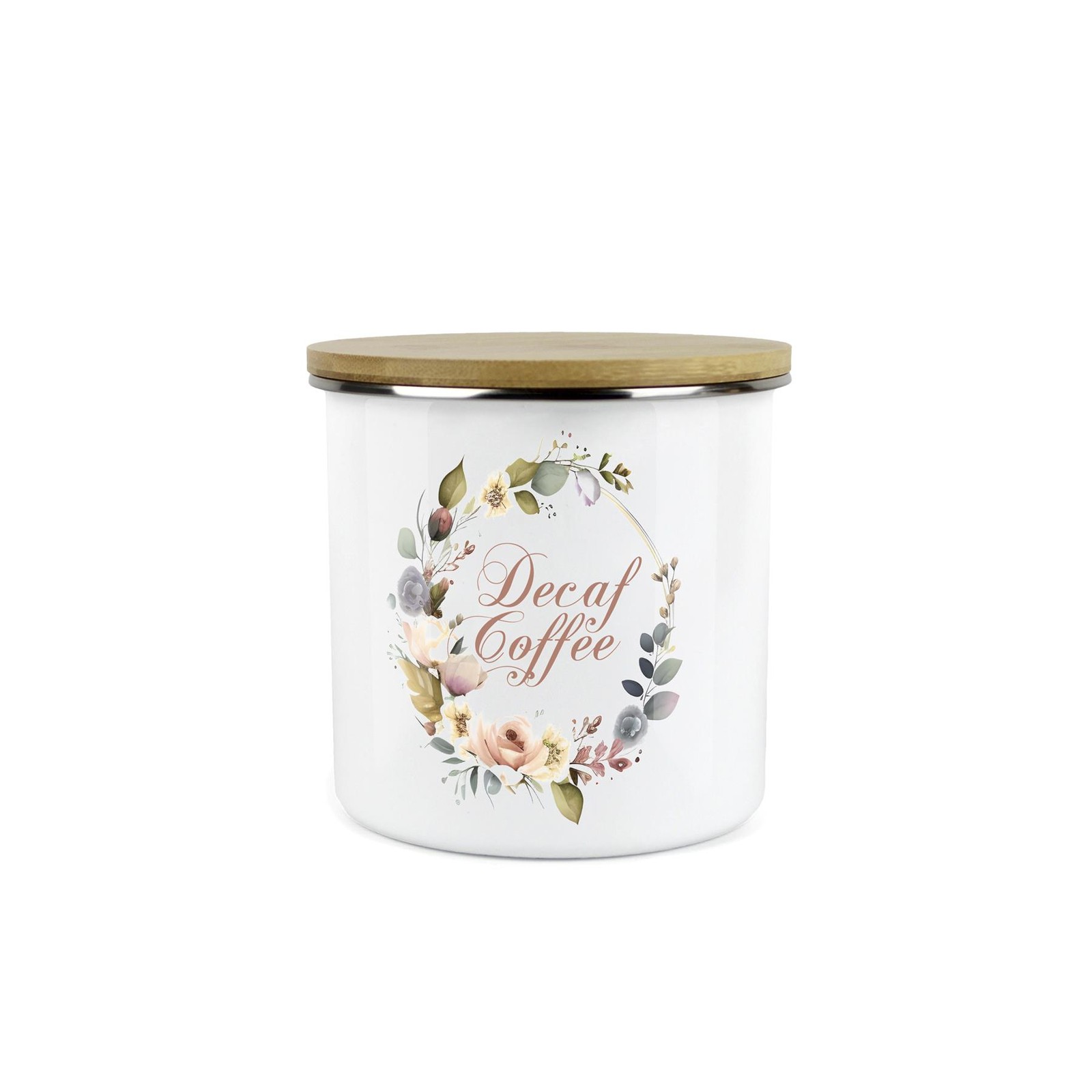 Floral Wreath Decaf Coffee Canister - Flower Enamel Kitchen Storage Jar Gift