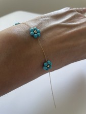 14K  Yellow Gold Turquoise Flowers Station Br...