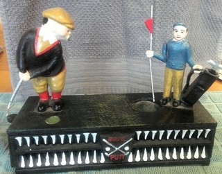 Golf Putt Cast Iron Mechanical Coin Bank. Pat FEB 1875
