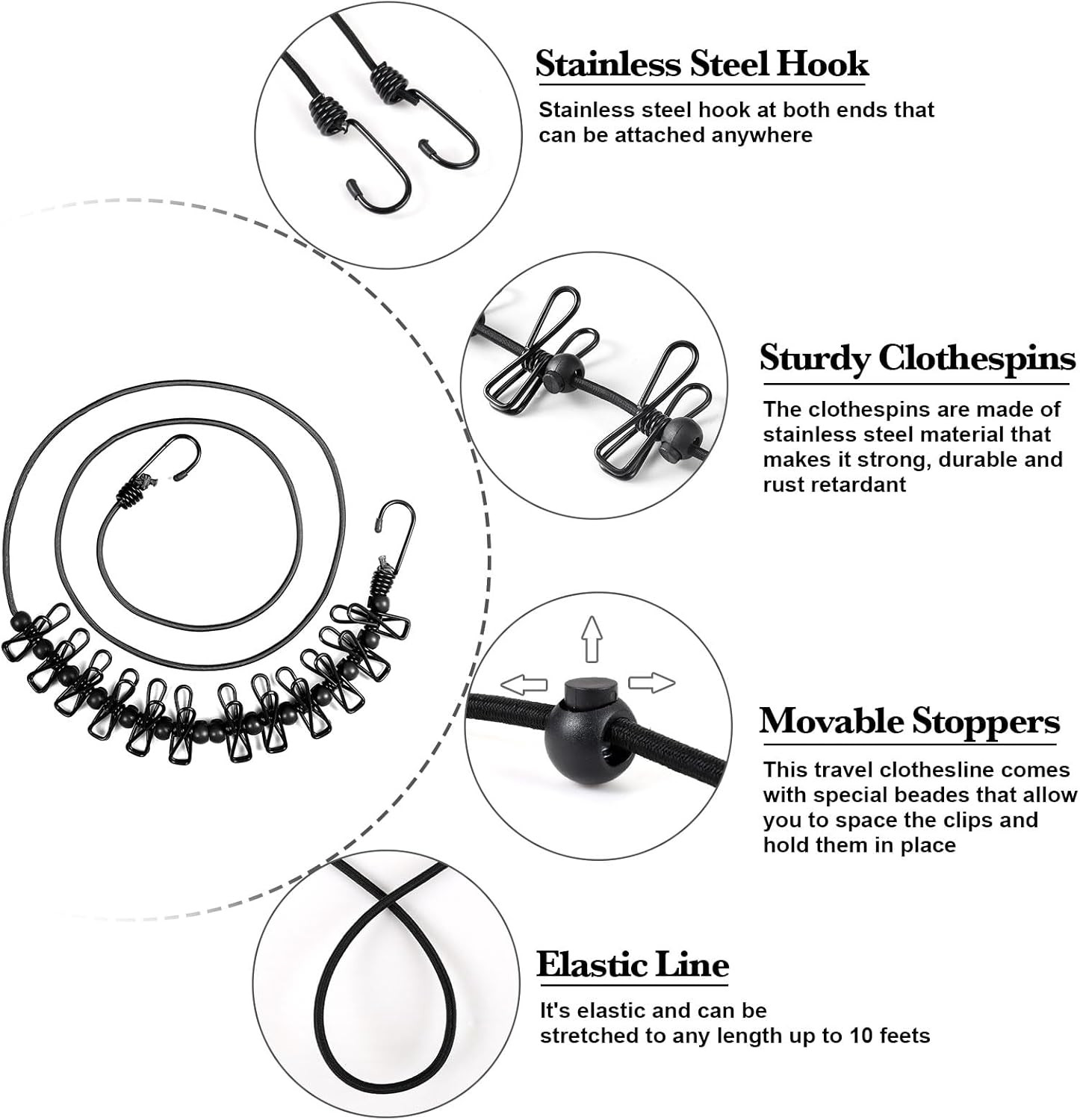 Travel Clothesline, Portable Retractable Clothesline with 12Pcs Clothespins for 