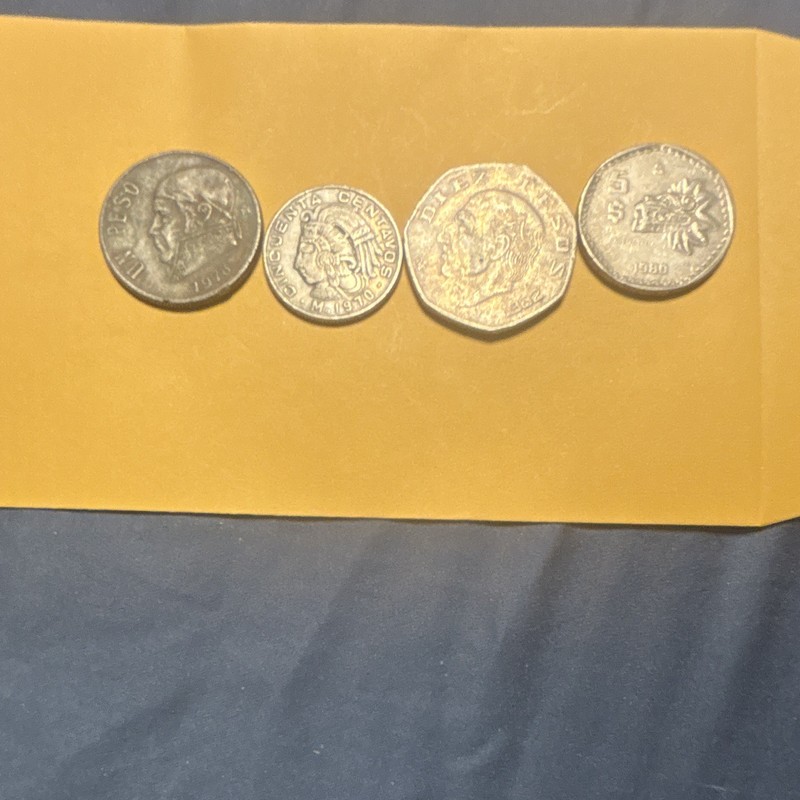 Mixed Lot of 4 Mexican Coins 1 Peso 1973, 50 Centavos, 5 Pesos 1981