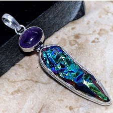 Peacock Titanium Kyanite Natural Amethyst 925 Silver Plated Pendant 3" AU j975