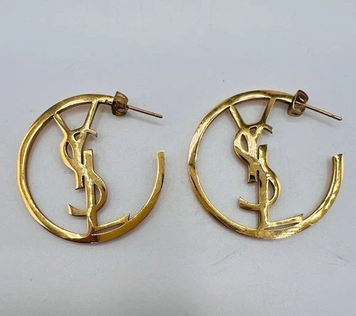 Vintage Gold tone YSL Large Monogram Letter Hoop Earrings