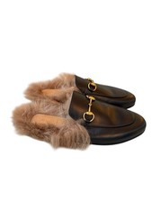 New Gucci Calfskin Fur Womens Princetown Slippers 35.5 Black