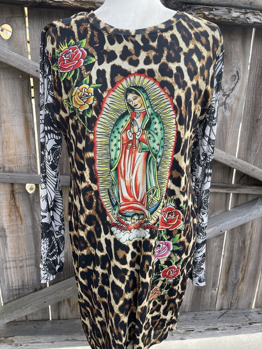 Ed Hardy Virgin Mary Leopard Print Mesh Bodycon Mini Dress Y2K Tattoo  Gothic | eBay