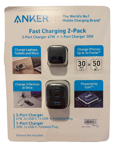 Anker 67W USB-C + 30W GaN PIQ 3.0 Fast Charging Adapter USED