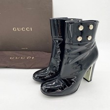 A19468 Hermoso Estado Gucci Hebilla Charol Botines Negro Dorado 37.5