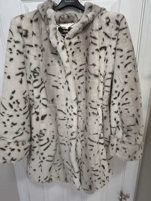 Dennis Basso 2XL Hooded Snow leopard Fur Coat Snap/Zip Closure Tie Waist NWOT