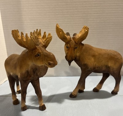 2 Hand-Carved Wooden Moose Figurine Handmade Collectible Animal Sculpture Decor