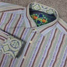 Robert Graham Shirt Men XL Green Striped Embroidered Texture Flip Cuff Button Up