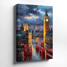 Wall Art London Cityscape Big Ben Red Telephone Booth Rainy Street Painting