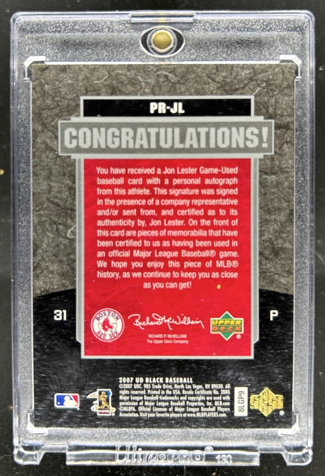 2007 Upper Deck Black Jon Lester Prodigious Jersey Auto Natural Pearl #1/1 view 2