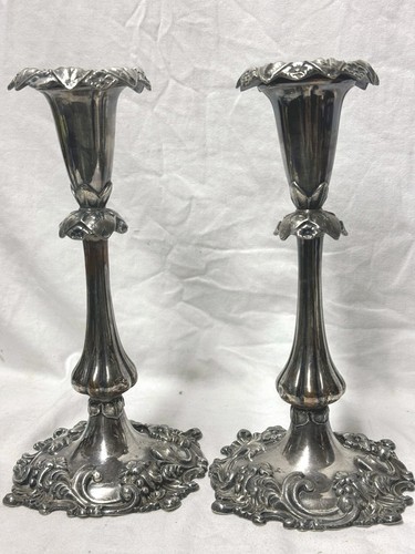Antique Deykin & Sons Pair Silver Plate Candlestick Holders c.late 1800s 9.5 in