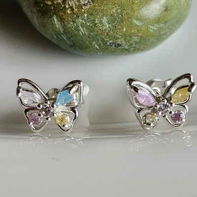 925 Sterling Silver Multicolor Topaz Butterfly  7x8mm Earrings Gemstone Girls