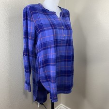 Holding Horses Anthropologie Hi Low Tunic Shirt Plaid Button Purple Blue Sz S