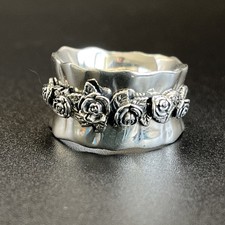 Hallmarked QVC Sterling Silver Wide Band Ring Floral Detail Size P