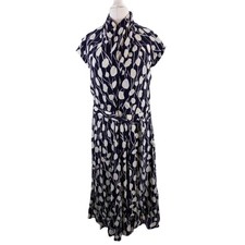 The Fold Dress Size 14 Navy Floral Belted V Neck Midi