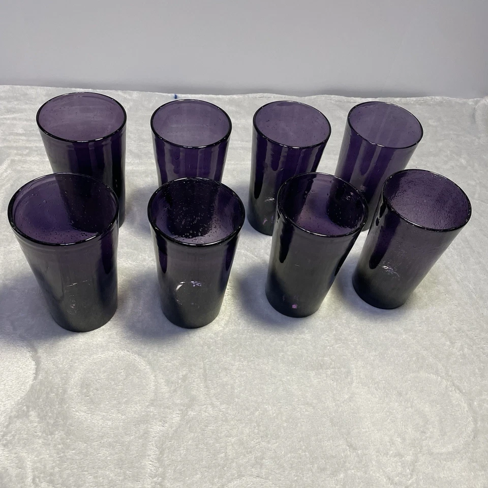 Juego de 8 vasos de vidrio Highball de burbujas controlados por amatista soplado a mano usados en excelente estado Foto 2 de 4