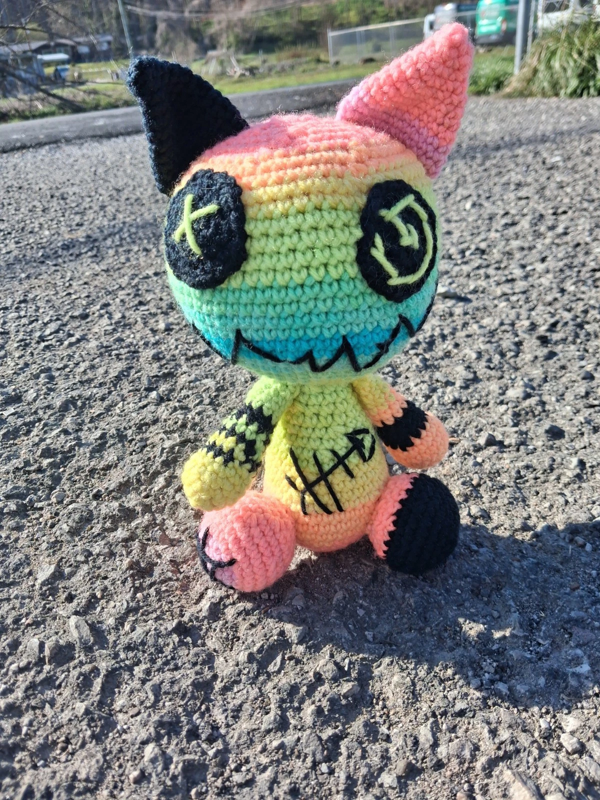 Handmade Rainbow Zombie Cat Plushie – Neon Colors, 10-inch Toy