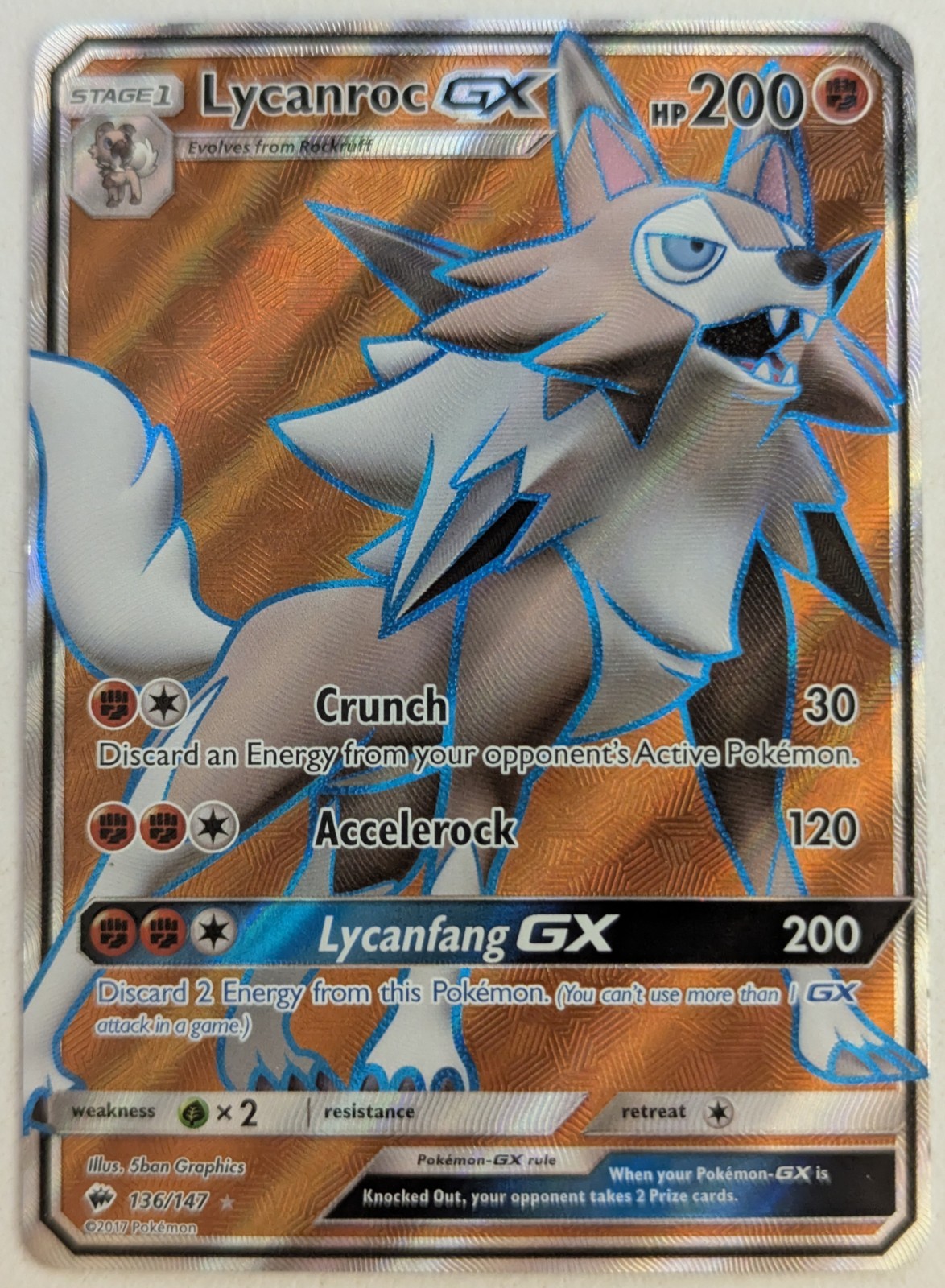 Lycanroc GX 136/147 Holo Rare Sun And Moon Burning Shadows Pokémon Card NM