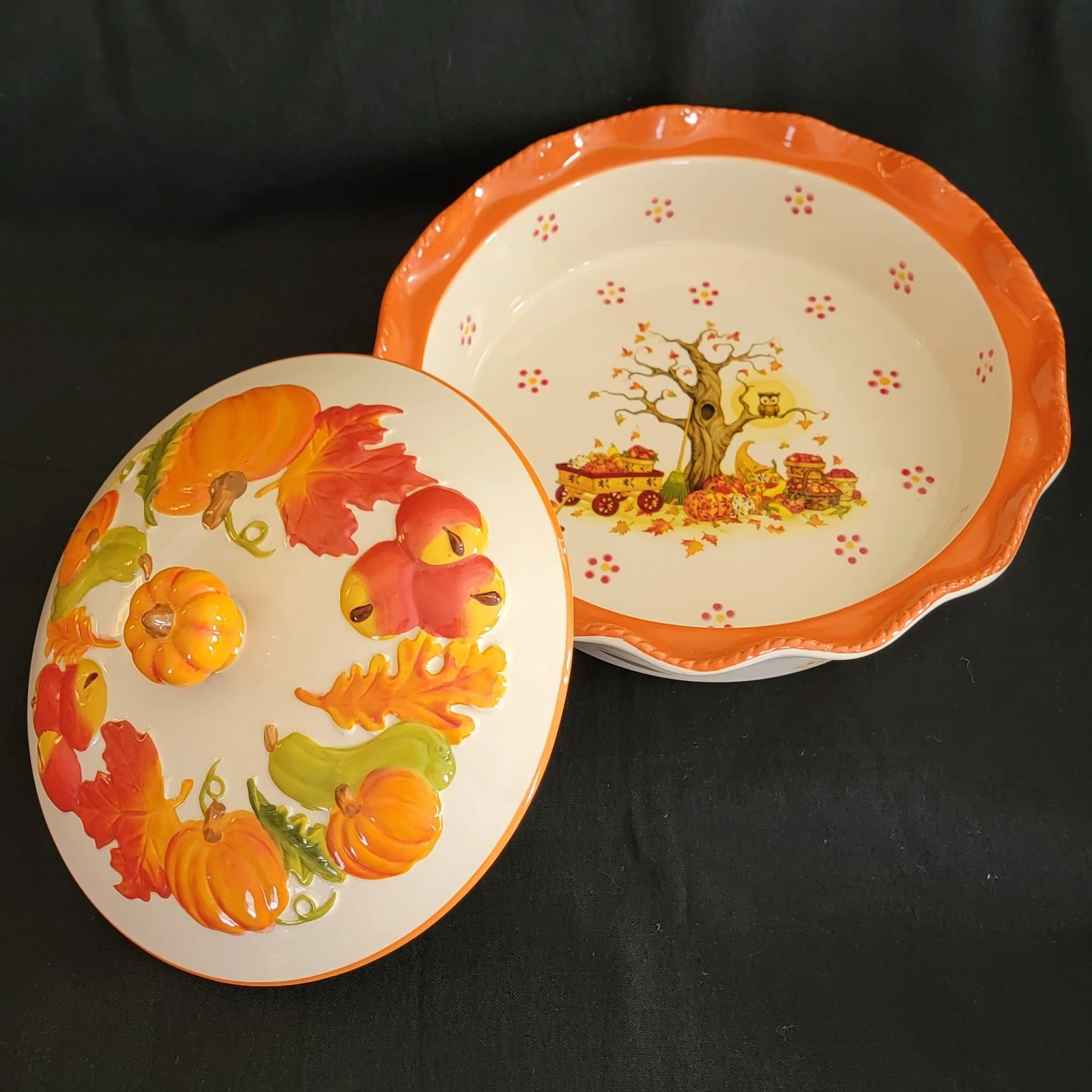 Temptations Old World Pumpkin Figural Fall Thanksgiving Covered Pie Dish w/Owl
