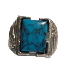 925 Silver Tone Turquoise Ring Statement Wide Band Rectangle Stone Size 8.5 Gift
