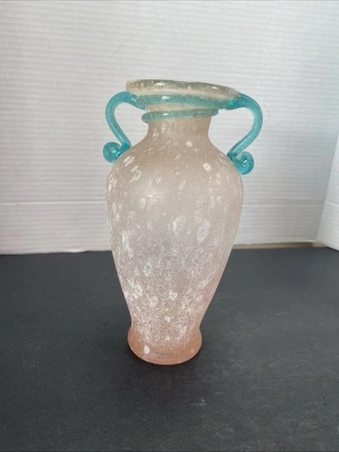 Vtg Hand-Blown Murano Glass Scavo Pink Art Glass Vase w/ Aqua Marine Handles