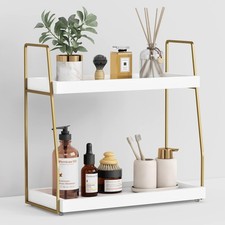 2-Tier Bathroom Vanity Organizer Shelf, Wood Countertop Tray, White 