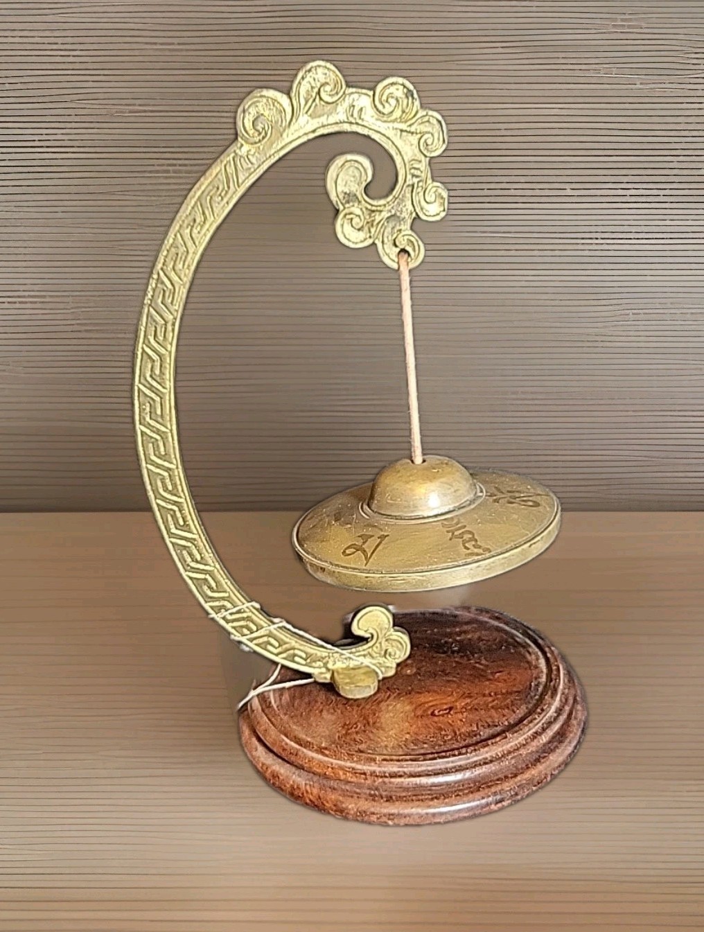 Tibet Collection Chime Meditation Bell Engraved Brass Wood Pedestal Religious 