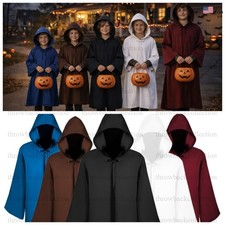 Boys Long Hooded Cloak Wizard Witch Robe Medieval Cape Halloween Cosplay Costume