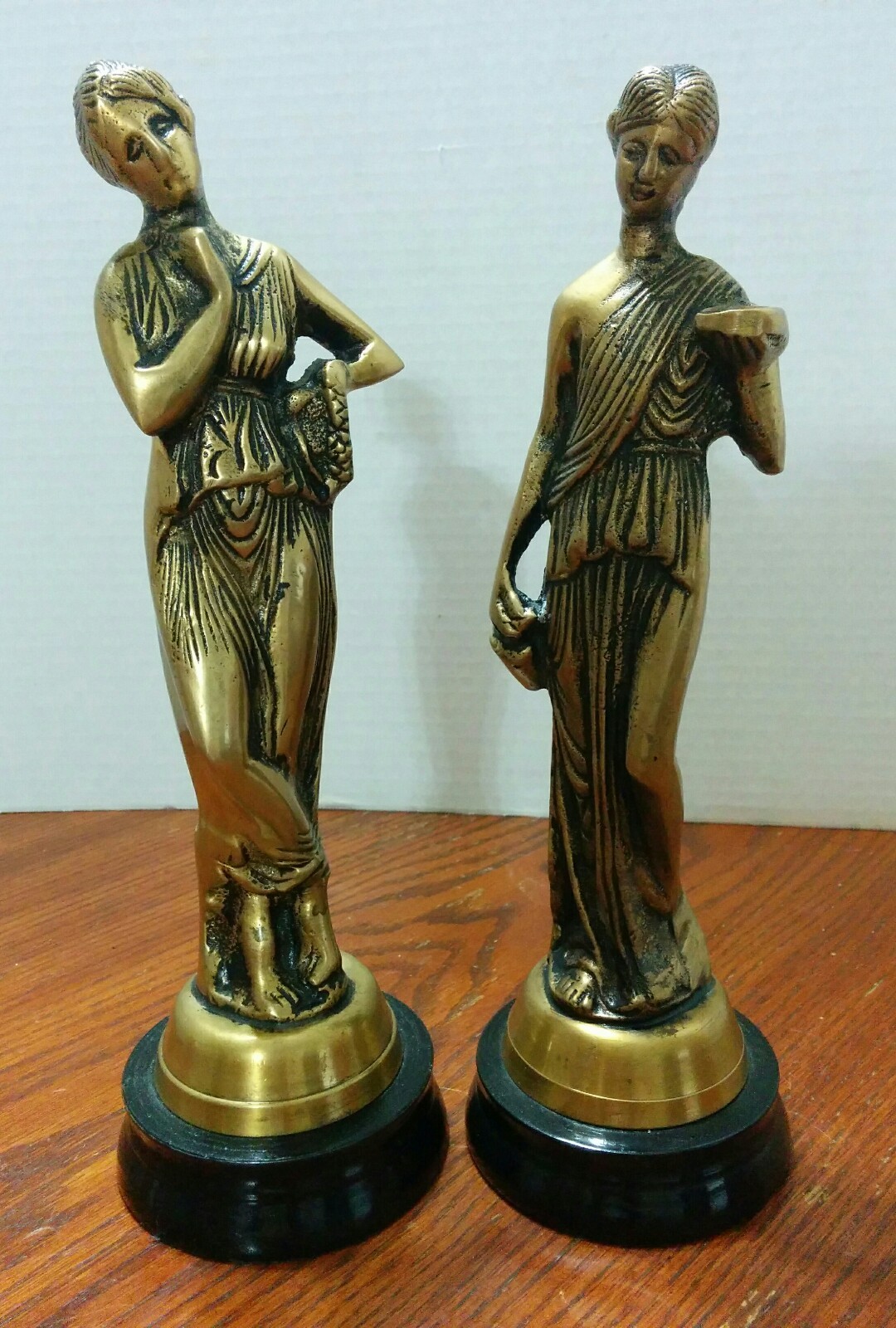 Pair of Vintage Brass Classic Greek Statue Figurines Ladies Wood Base