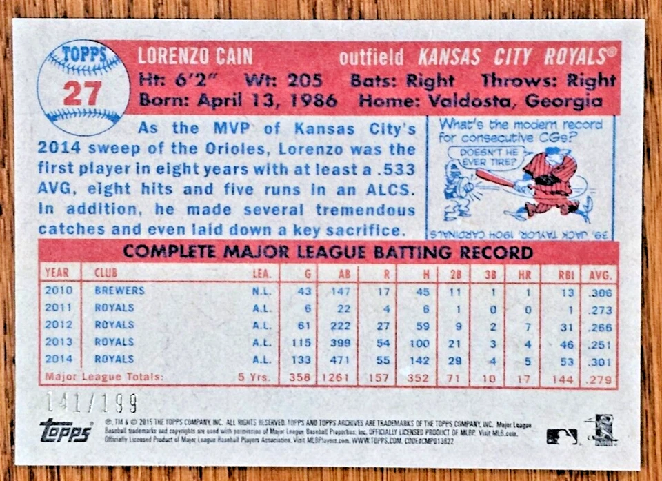 2015 Topps Archives Silver #27 Lorenzo Cain - Image 4 of 4