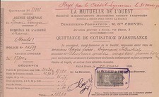 ANCIENNE QUITTANCE D'ASSURANCEMUTUELLE DE L'OUEST/M.CREVEL/1896-TIMBRE QUITTANCE