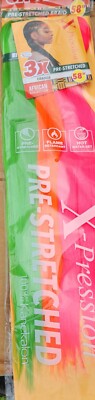 X-pression 100% Kanekalon 3X Braiding Hair Pre-Stretched 58 Green, Orange, Pink