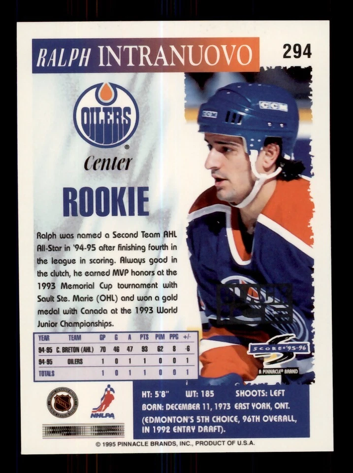 1995-96 SCORE ARTIST PROOF BLACK ICE #294 RALPH INTRANUOVO EDMONTON OILERS - Image 2 of 2