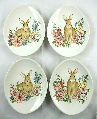 Easter Bunny Oval Ceramic Platter with Floral Design
