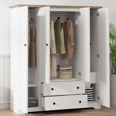 Wood Wardrobe 4 Doors Armoire Closet Storage Cabinet Clothes Organizer 2 Drawers