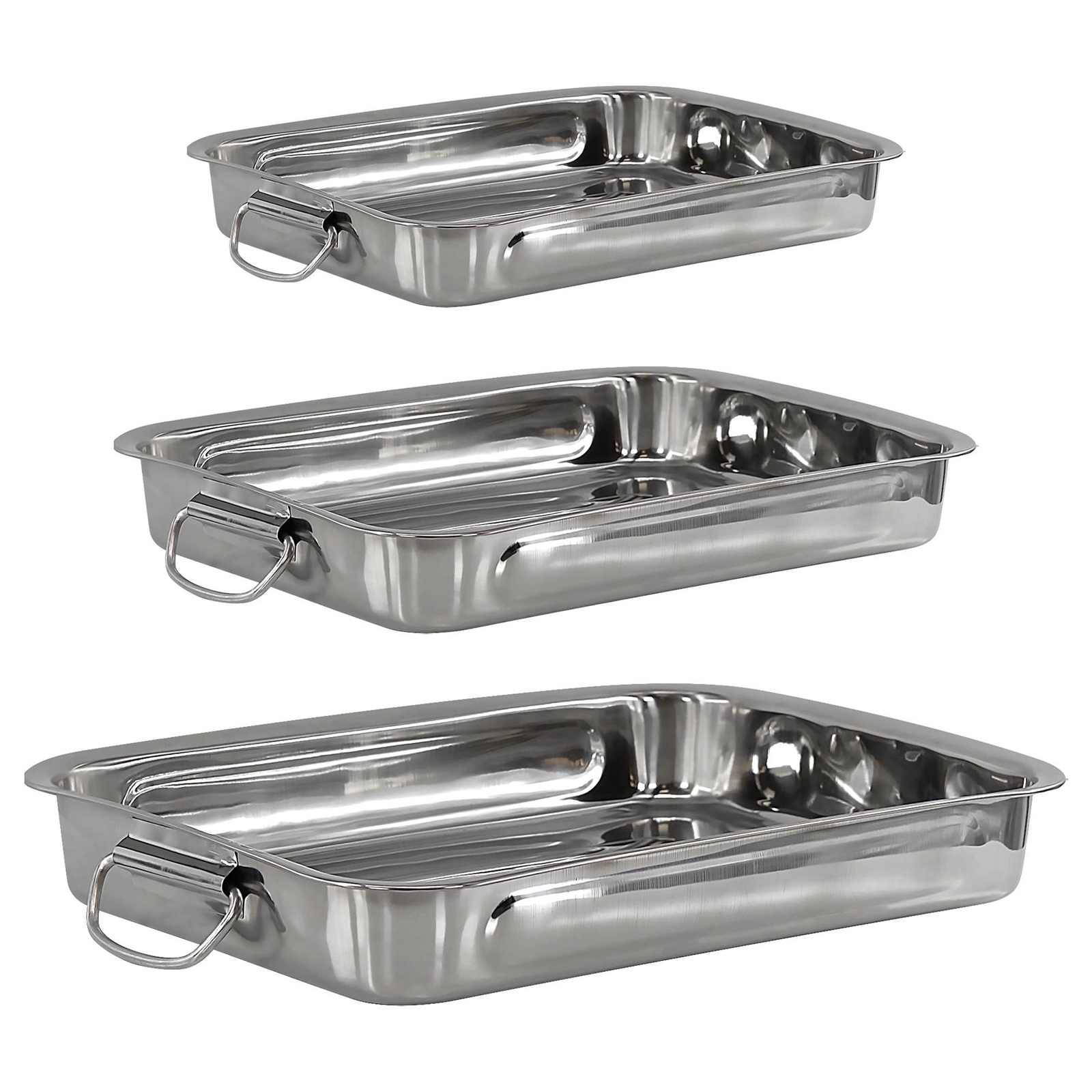 Set of 3 Stainless Steel Roasting Trays Pans Bakeware Dishwasher Safe