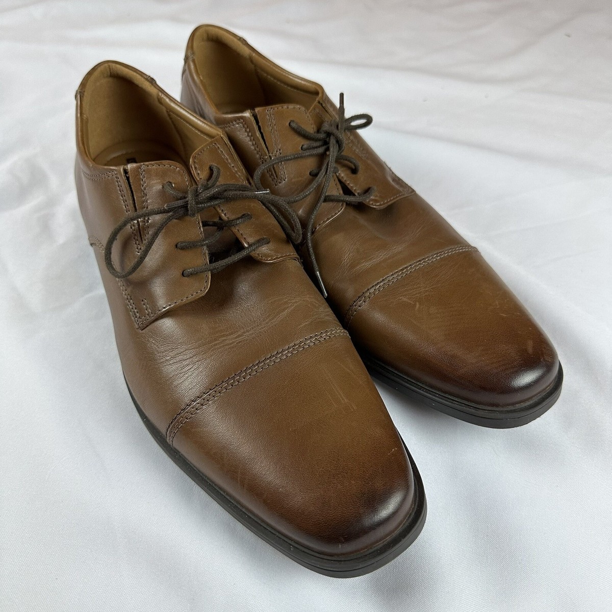 Collection Clarks Mens Sz 13 Dress Shoes Brown Leather Loafers Lace Up Cap  Toe