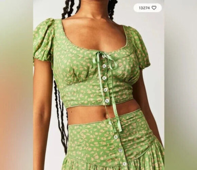 Free People Easy To Love Cropped Top Buttondown Smocked Green Floral Printed S