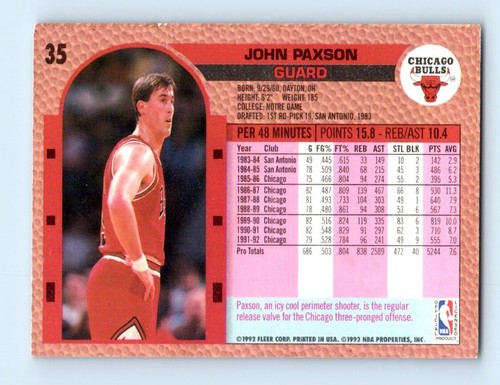 1992-93 Fleer John Paxson Chicago Bulls #35 - Picture 2 of 2