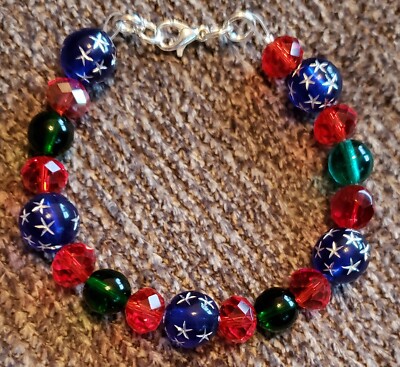 Gorgeous Christmas blue star, green, and red bracelet
