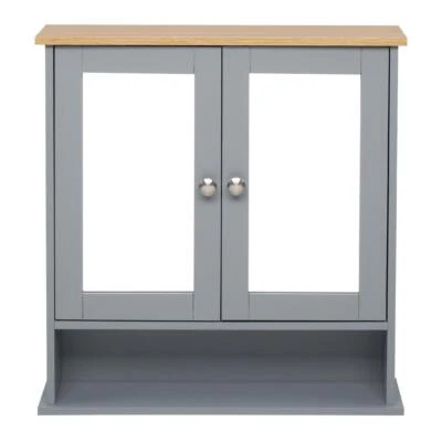 Grey Bathroom Mirror Cabinet Wall Mounted Storage Unit Cupboard Door Shelves
