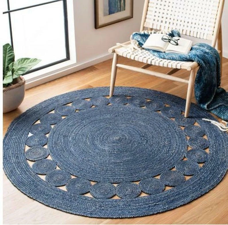Jute Rug Round Blue Circle Design Farmhouse Area Rug Rustic Look Rug Boho Rug - Image 2 of 4