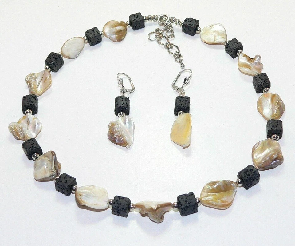 2er Schmuckset Würfel Lava schwarz, beige creme Perlmutt  Muschel Nugetts  296a - Bild 4 von 4